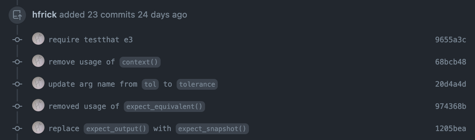 A list of commits starting with &ldquo;require testthat 3e, followed by removing context() and other deprecated functions&rdquo;
