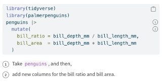 Screenshot a code chunk with annotations. Annotations appear in the code chunk as numbers within circles, and repeat below the code chunk along with the text content of the annotations.